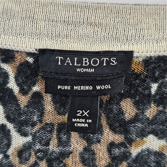 Talbots Cardigan Sweater Pure Merino Wool Womens 2X Leopard Print Black Tan - Picture 3 of 10